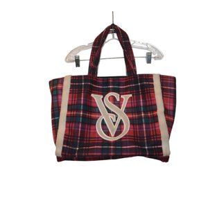 VS Victoria's Secret Distr. Polyester Tote Plaid Red-Black-Green Hand Bag Large